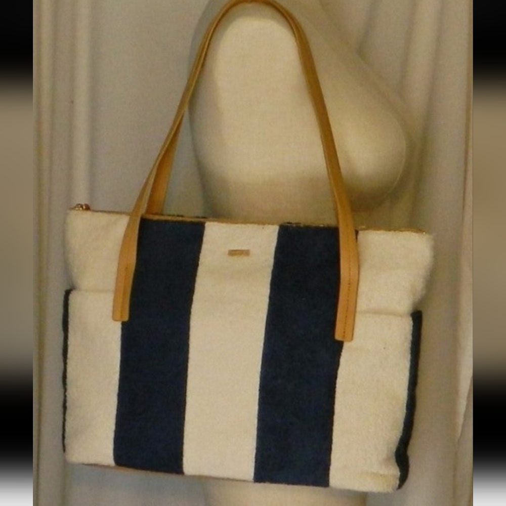 Hammitt Addie Large Pebble Leather Cabana Stripe Tote Bag Terry Cloth